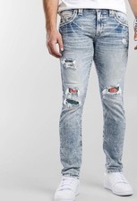 ROCK REVIVAL Gary Slim Taper Distressed Denim Jeans Mens 40x30 Embroidered