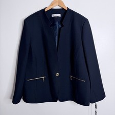 NWT Tahari Navy Textured One Button Blazer 22W Zippered Pockets Workwear Casual