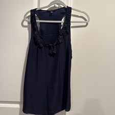 Banana Republic Navy Sleeveless Blouse Satin Ruffle Neckline, Size M