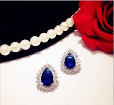 3Ct lab created Sapphire Push Back Halo Stud Earrings 14K White Gold Finish