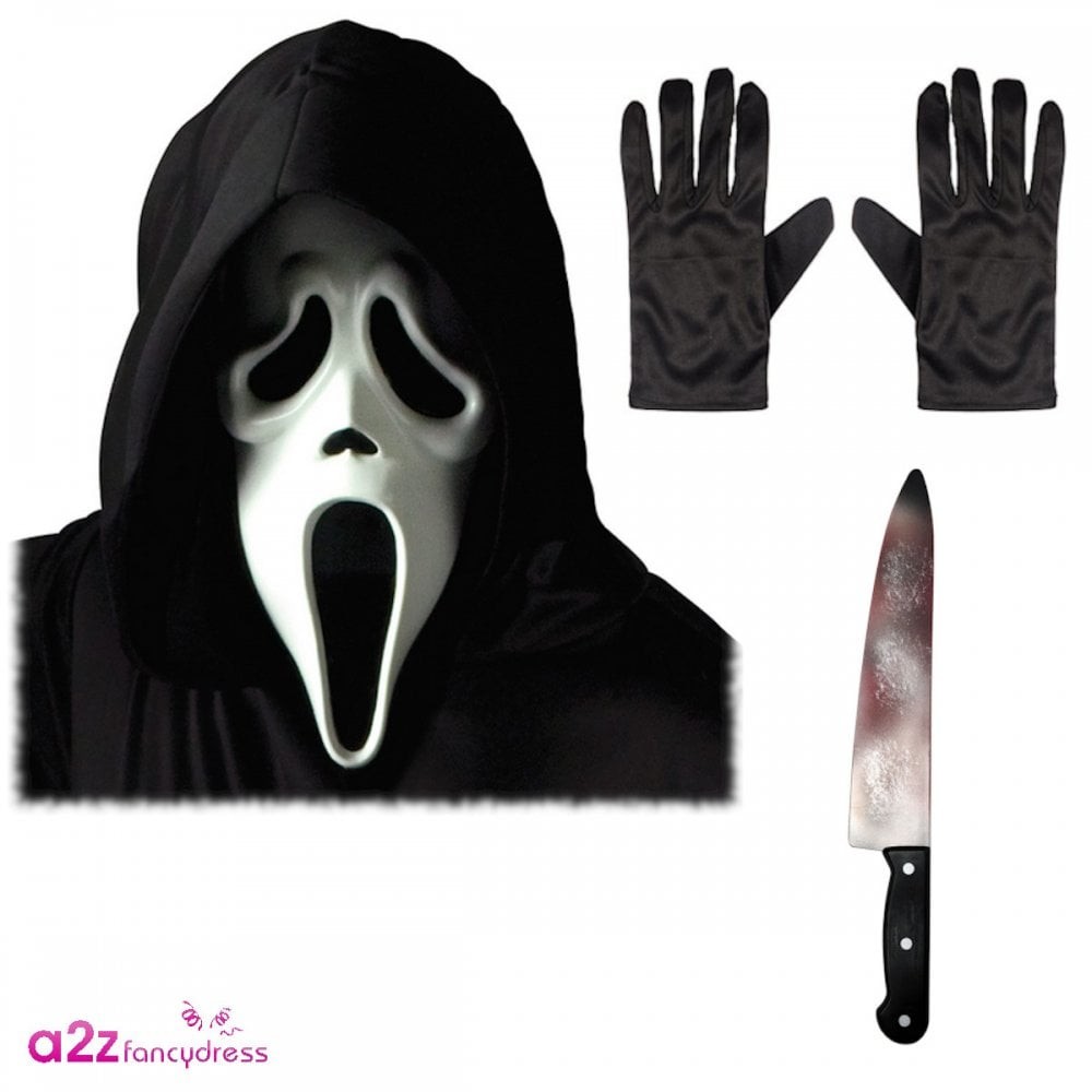 Adult Official Ghost Face® White Mask with Hood + Butcher Knife + Black Gloves