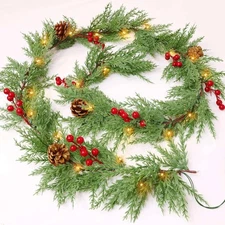 Prelit 6Ft Christmas Cedar Garland with Timer Lights Real Touch Greenery Pinecon