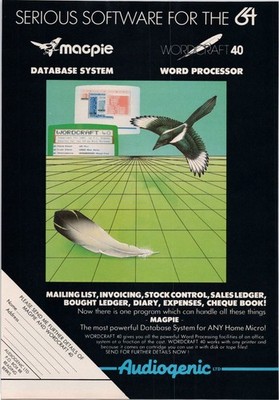 Audiogenic Magpie Database System Wordcraft 40 Print Ad 1984