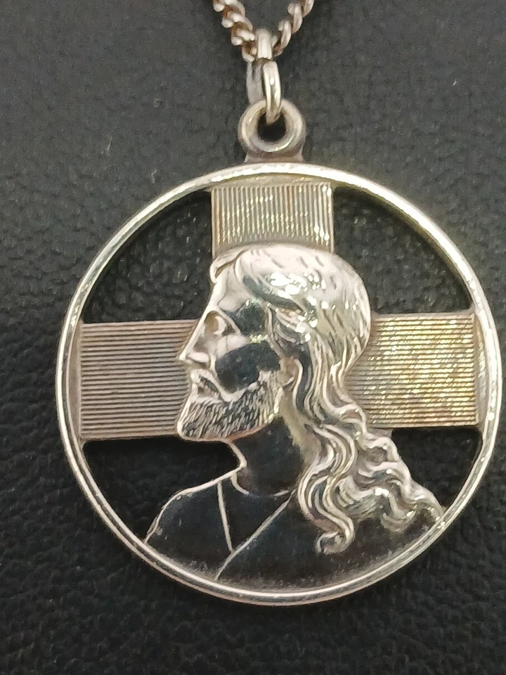 VINTAGE STERLINGSILBER Jesus Profil ICH BIN EIN TÄUFER Medaillon Anhänger Halskette - Bild 1 von 4