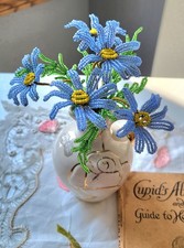 Vtg French Seed Beaded Posey W/ 5 Small Blue W/ Yellow Centers Flowers & Leaves 