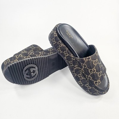 Gucci GG Denim Platform Slide Mule Sandals Black Beige 655462 Sz 8 Pre-Owned