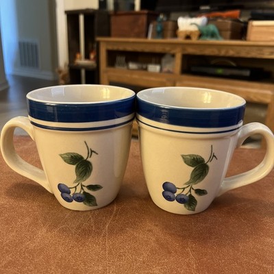 LL Bean Large Stoneware Blueberry Blue Stripe Cup/Mugs, set of two. 