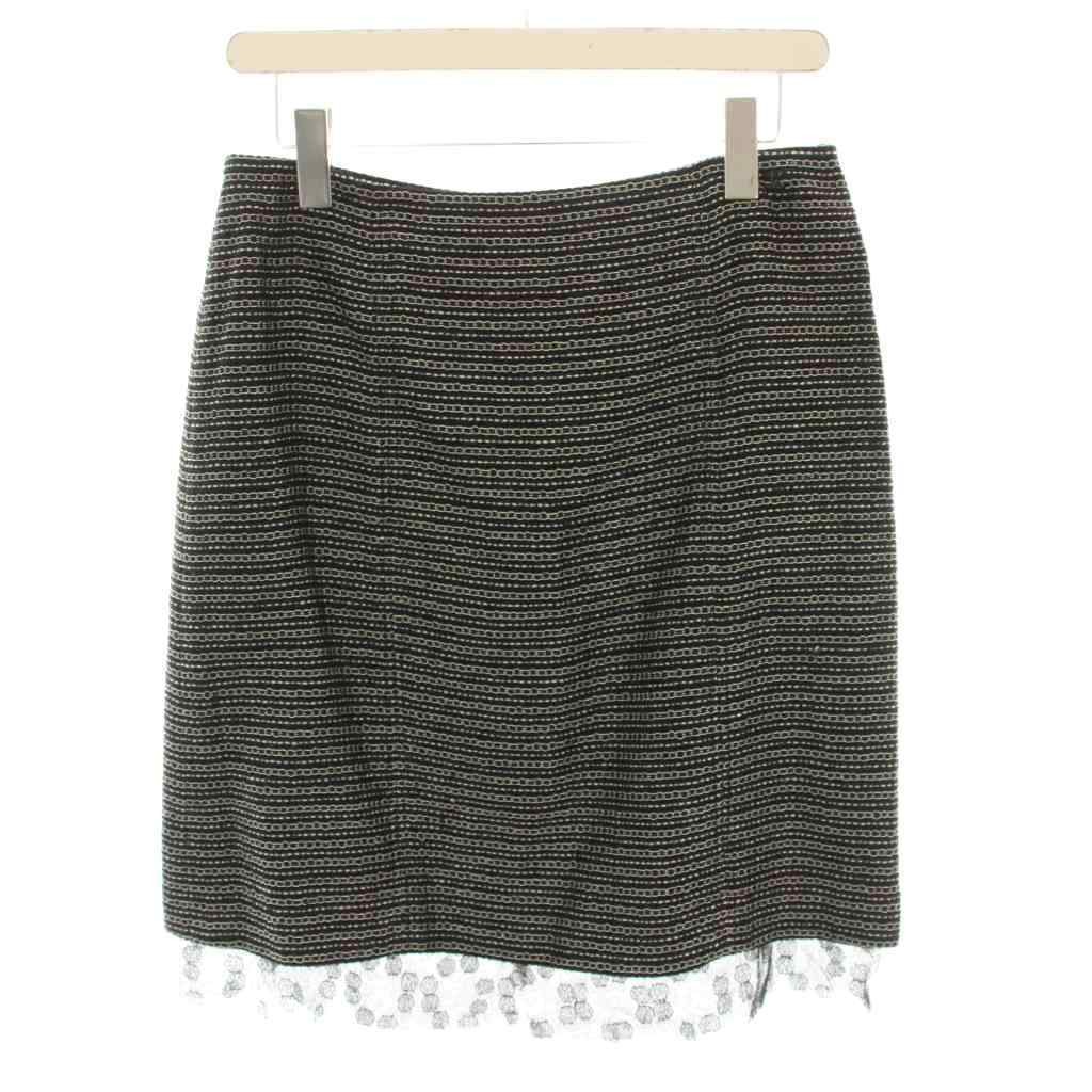 CHANEL 03A Tweed Skirt Knee-Length Trapezoid Border Dot Black Size 40