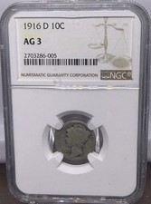 1916-D Mercury Dime 10C NGC AG3 Business Strike Denver Mint KM#140 0.9