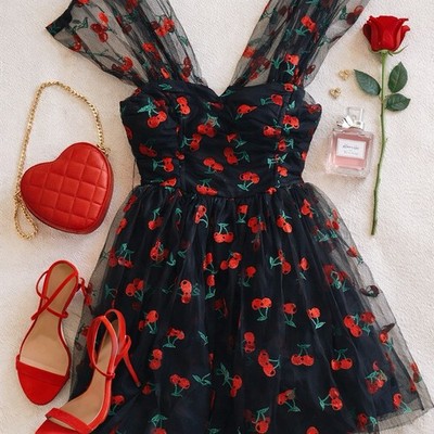 Unique Vintage Cherry Embroidered Tulle A-Line Dress Black S/4 Sleeveless Retro