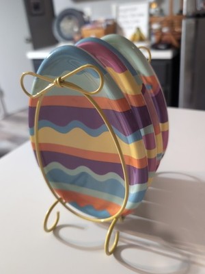 Avon Striped Easter Egg Snack Plate Set of 4 With Rack