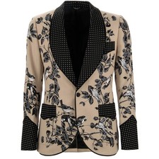 DOLCE & GABBANA baroque linen tuxedo blazer jacket birds print beige black