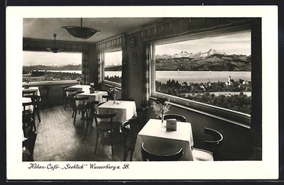 Postcard Wasserburg a. B., Altitude Cafe Lake View, Interior View with Panorama 