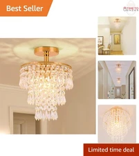 Mini Crystal Chandelier Modern Gold Flush Mount 3 Tiers Raindrops Bedroom