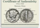 1916 - 1945 MERCURY DIME 10c w COA USA Minted Collector Silver Coin Authentic