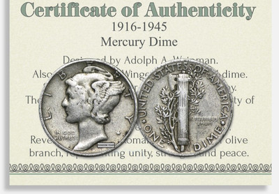 1916-1945 MERCURY DIME 10c w COA USA Minted Collector Coin Authentic P D S SALE