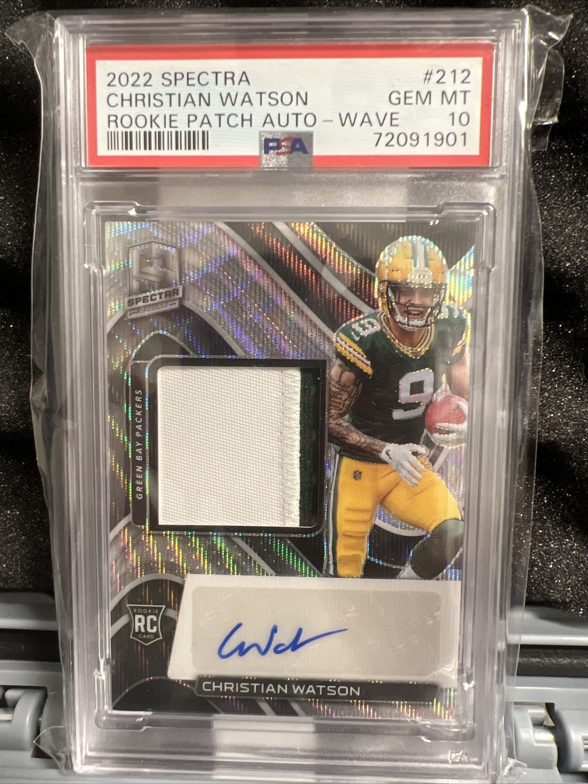 Christian Watson 2022 Spectra Rookie Patch Auto Wave SP 23/25! PSA 10! Packers