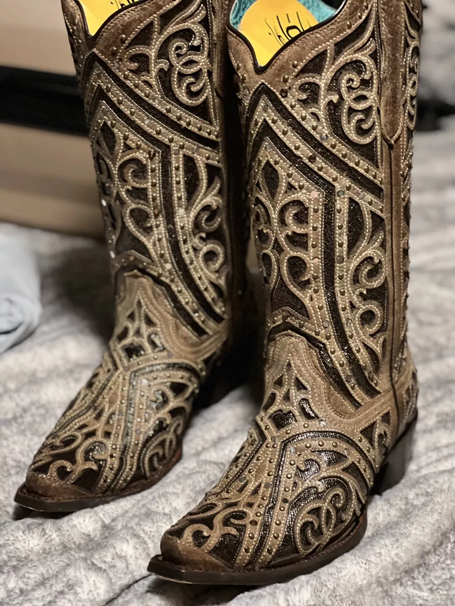 Corral Womens Tan With Glitter Inlay And Studs Snip Toe Western Boots