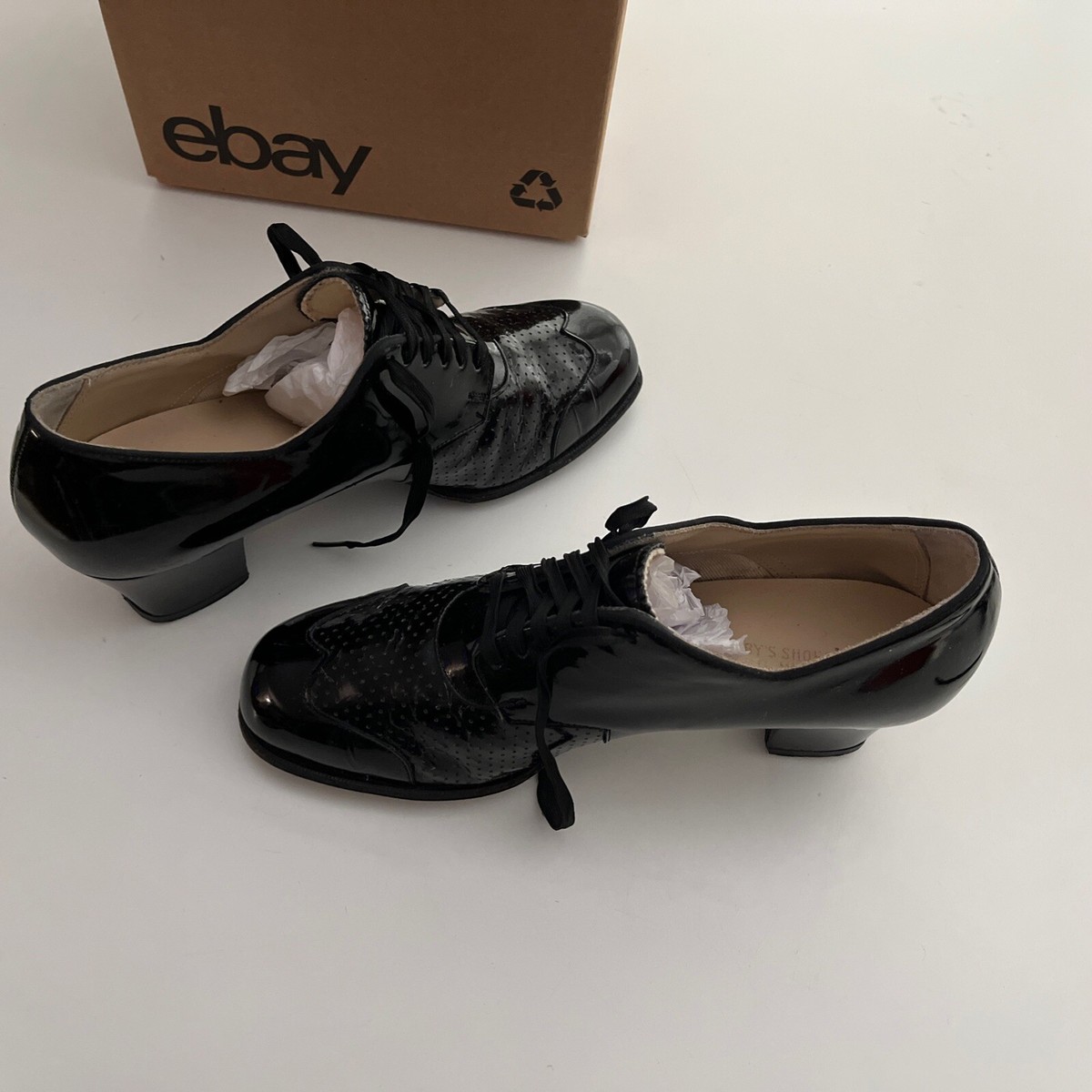VTG 1940-50s Granny Shoes Lace Up Patent Leather Black Heel Size