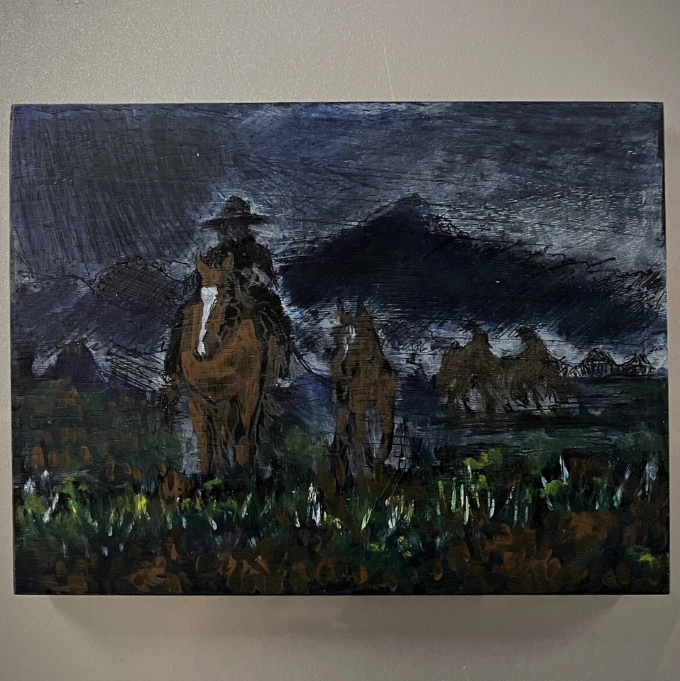 Original Oil Painting Night Ranch Cowboy Horse Remington Inspire Western Art CoA - Image 2 of 4