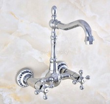 Polished Chrome Bathroom Basin Sink Faucet Dual Handles Mixer Tap Wall Mount