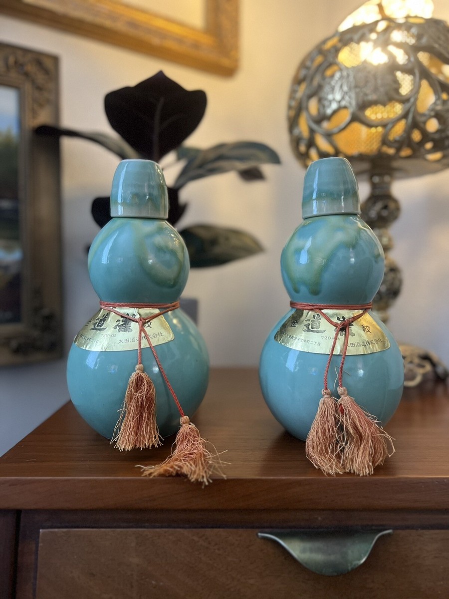 Vintage Green Japanese Sake Dohkan Double Gourd Bottle With Cup