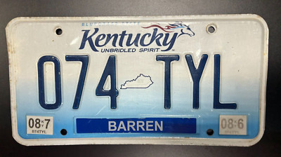 Kentucky Embossed License Plate  Barren County  Unbridled Spirit # 074 TYL