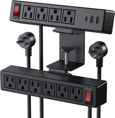 VILONG Desk Clamp Power Strip with USB, 2 in 1 Dual Layer Desktop 6FT, Black 