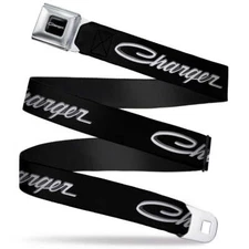 Dodge Charger Logo Black Webbing Seatbelt Chrome Buckle Belt Official Licensed