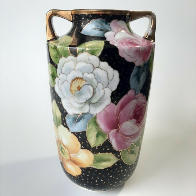 Art Deco Noritake Japan Hand Painted Red Flowers Decorative Vase Gold