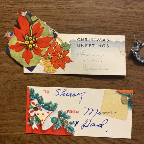 (6) Vintage 1940s Christmas Gift Present Tags Labels Red Flowers Bells #1 P5e - Picture 2 of 12