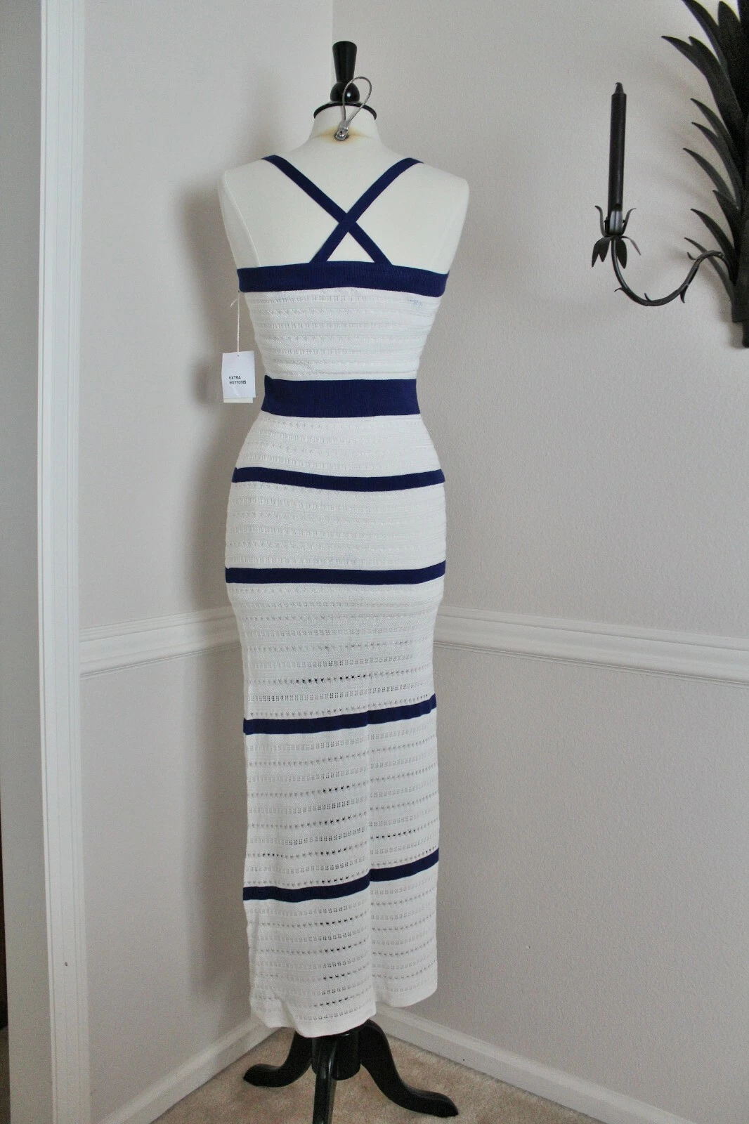 UNDERCOVER Maxi abito Victoria's Secret bianco pizzo blu righe maglia elasticizzata nuovo con etichette taglia S M