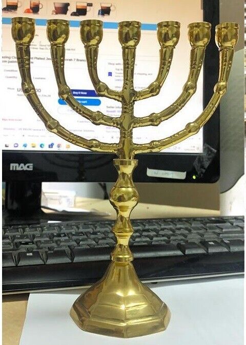 Gold Jerusalem Menorah, Decorative Judaica Candle Holder 7 Branch Shalom  Israel Menorah Jewish Festival 10.8 High