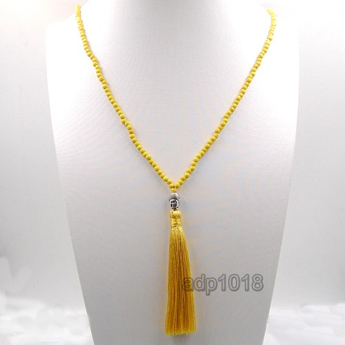 Howlite Turquoise Beads Buddha Head Charm Tassel Necklace - Picture 9 of 19
