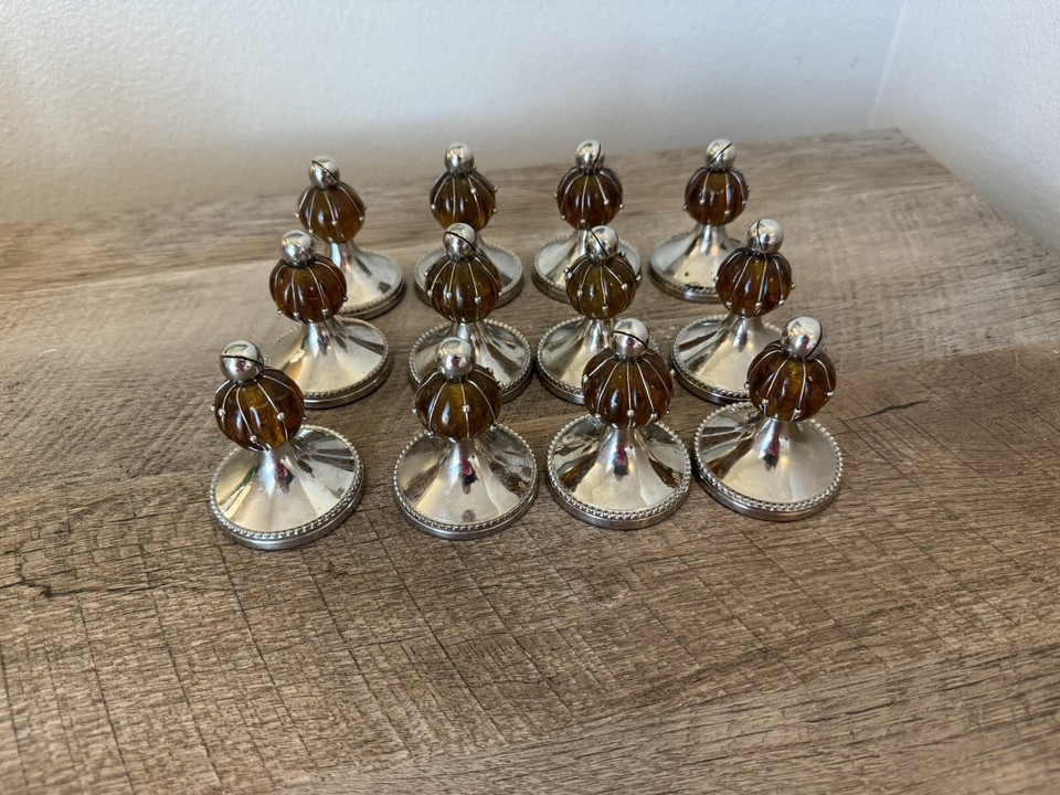 Set Of 12 Pottery Barn Silver & Amber Glass Place Name Card Holders eBay