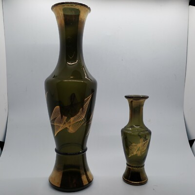 Vtg Mcm  Wheaton Ware set Smokey Glass  Vase and Bud Vase Gold geometric  Design