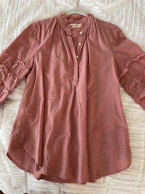 Anthropologie Isabella Sinclair Coral Pink Embroidered Ruffle Top Blouse - XS 