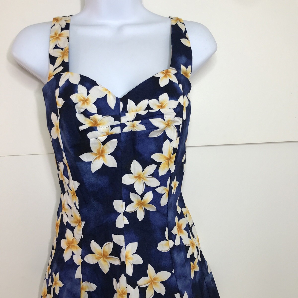 Royal Creations Hawaiian Blue White Yellow Plumeria Flowers Sun Dress Small  New