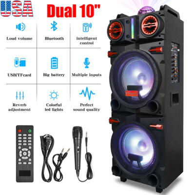 Portable Dual 10'' Bluetooth Speaker Party FM Karaok DJ LED AUX +Mic Rechargable