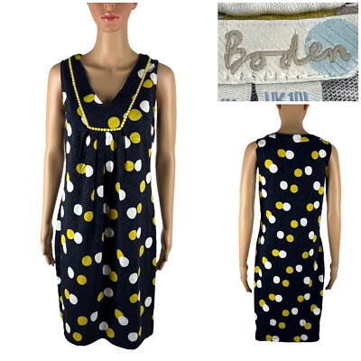 Boden Womens Dress Blue Size 6 L Tarifa Jersey Navy Yellow Polka Dot Summer EUC
