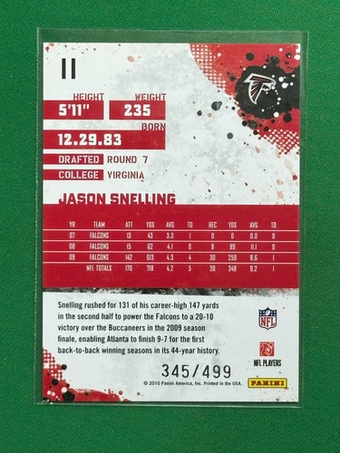 2010 Score Football Jason Snelling #11 Scorecard /499 - Picture 2 of 2