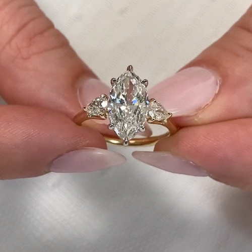 1.90 Ct Marquise & Pear Moissanite 3-Stone Engagement Ring 14K Solid Yellow Gold - Picture 3 of 12