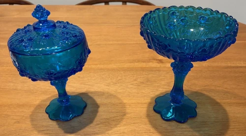 PAIR Fenton Cabbage Rose Pattern  Blue Covered Candy Compote PLUS Compote Bowl