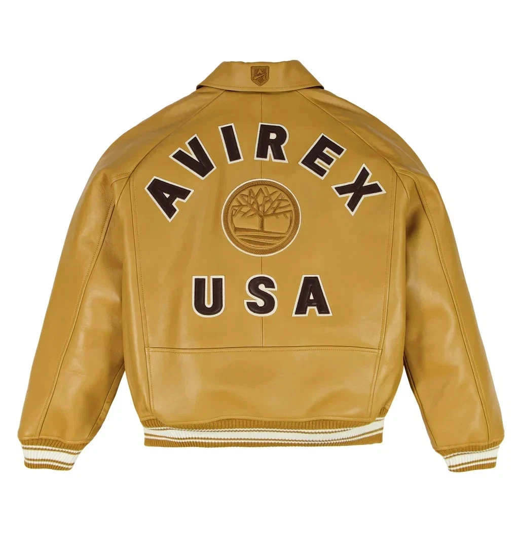 Avirex USA Leather Varsity Bomber Jacket Mens Yellow Mustard Flight Patch Coat