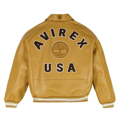 Avirex USA Leather Varsity Bomber Jacket Mens Yellow Mustard Flight Patch Coat