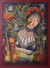 Sketch Card 1/1 Oil Painting Beauty Violin Rose Fantasy Art by JXD