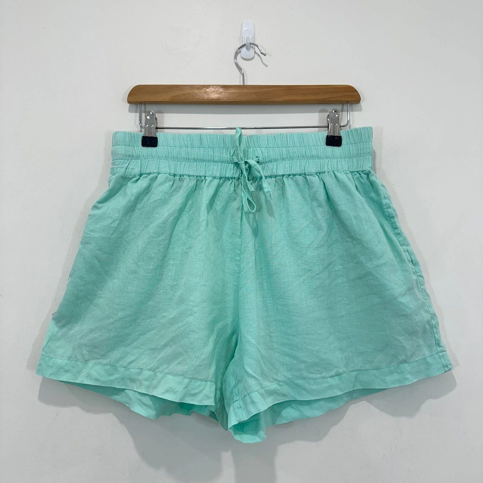 Sanchia Shorts Womens 10 Mint Linen Elastic Waist Drawstring Pockets Casual