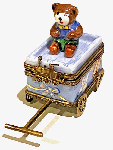 LIMOGES PEINT MAIN Trinket Box-TEDDY BEAR in WAGON-Detailed Artwork-TRAIN Clasp