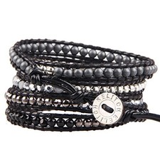 Mix Beaded with Metal Bead Bracelet on Leather 5 Wrap Bracelet Handmade New T...