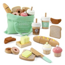 17 PCS Wooden Bakery Toy Food Playset for Kids, Pretend Picnic Play Food for ...